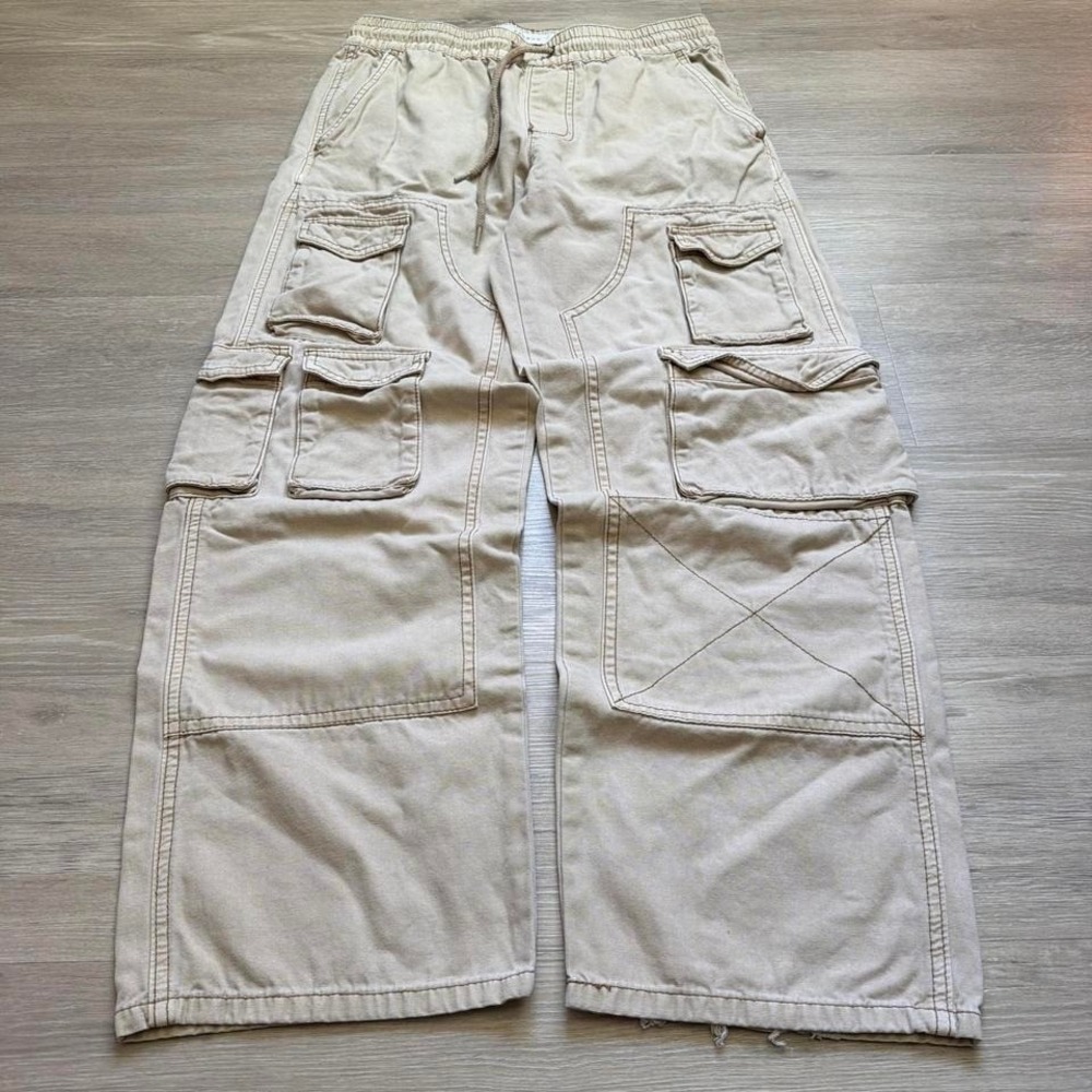 30x28 Beige Baggy Wide Leg Double Knee Workwear Jeans Y2K Vintage 2000s